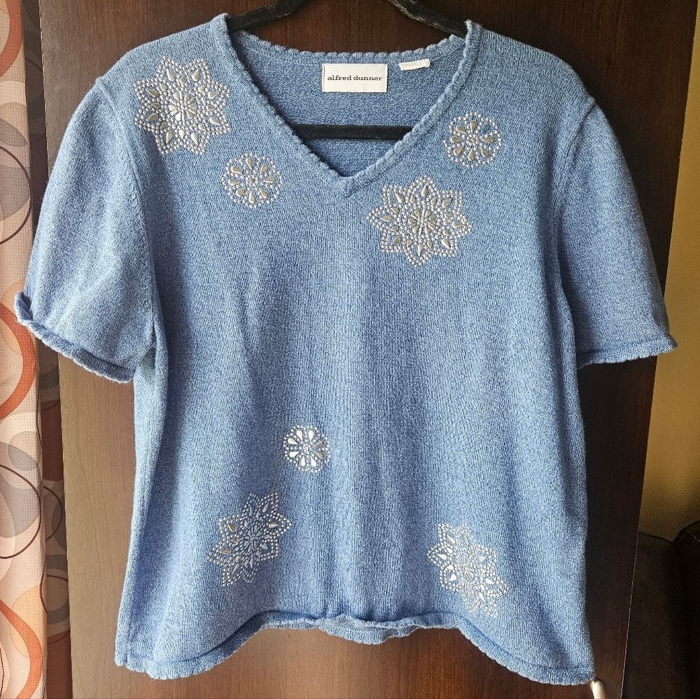 Alfred Dunner Blue Embellished V-Neck Top